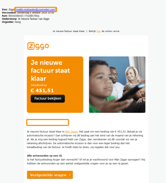 Example of Ziggo phishing e-mail