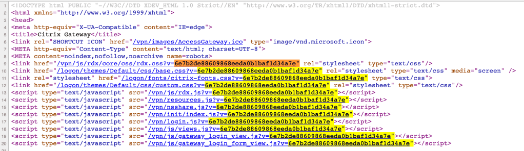 version hash appended to HTML resources
